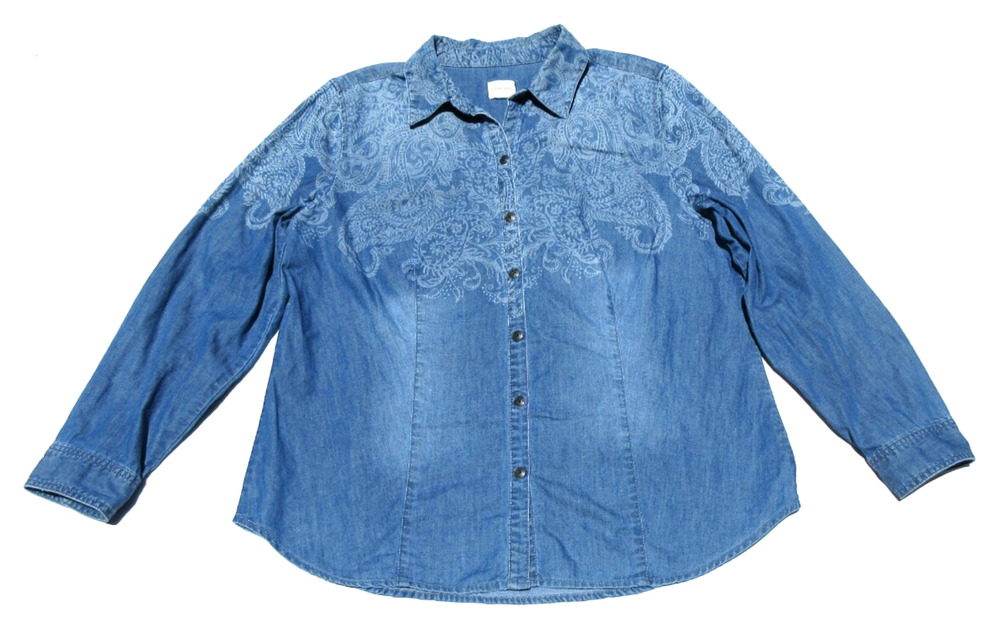 Chico's 1 Womens Medium Denim Chambray Blue Jean Paisley Longsleeve Button Shirt